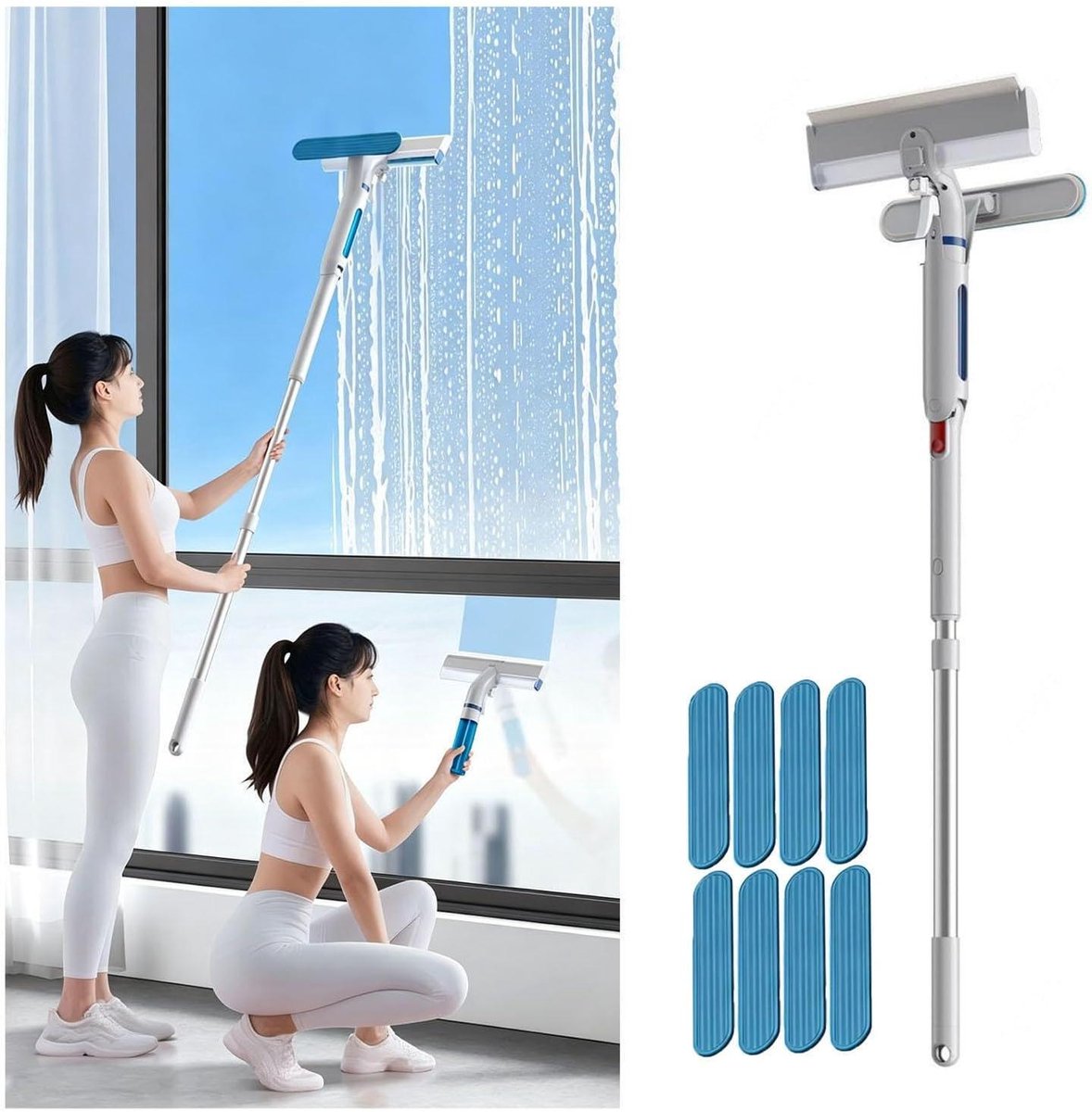 Raamwisser met sproeier - Glasreiniger tool - Streeploos schoonmaken - Draaibare kop - 130 cm lang - Wit
