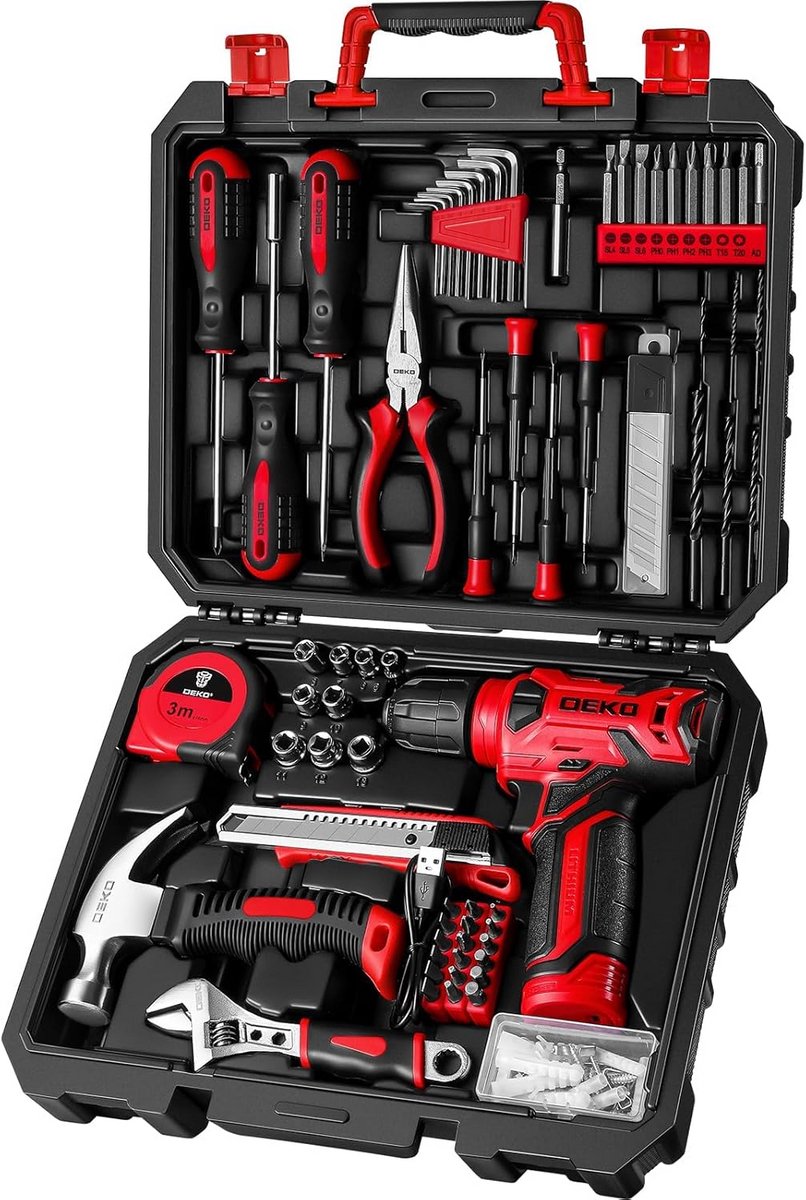 Gereedschapskist met boormachine - Klusset - Huis en tuin - 126-delig - 8V - Rood