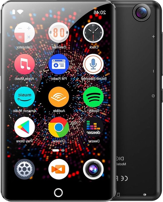 Zwarte smartphone met een veelkleurig achtergrondpatroon en app-pictogrammen op het scherm.