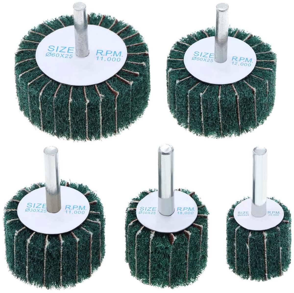 Dailygoods- Schuurpad 120 Korrel - 5x Flap Schuurwielen - Nylon Vezel - 6 mm Schachtdiameter - Geschikt voor Slijpen/Polijsten - Afmetingen 25/30/40/50/60 mm