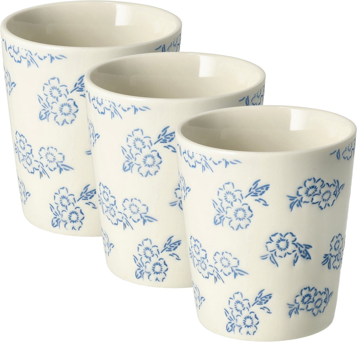 Koffiekopjes Set van 3 – Keramische Kopjes Zonder Oor 200ml – Blauw Witte Koffiemokken Klein - Bloemenprint Espresso Kopjes – Theekopjes