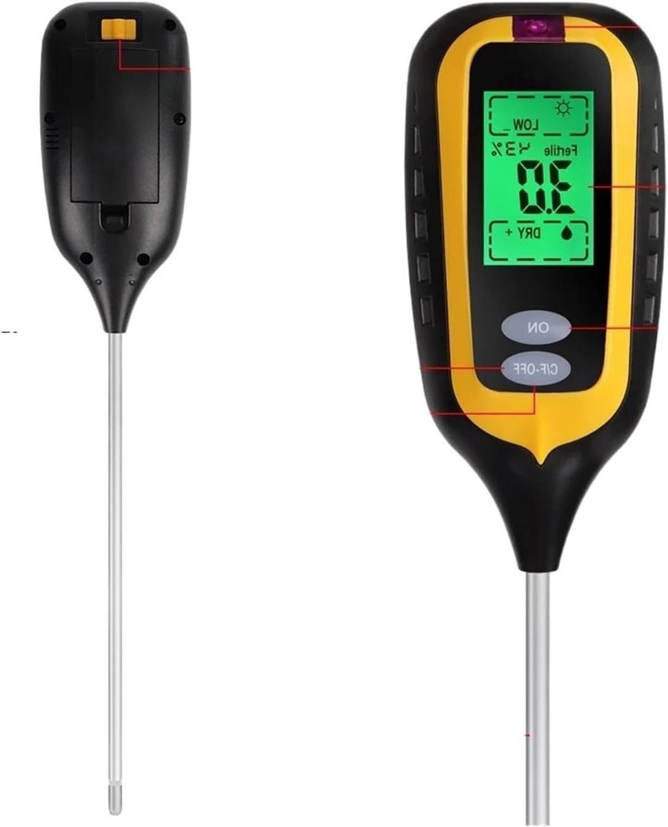 Bodemmeter 6-in-1 - Plantenmeter Bodem - Tuinonderhoud Planten - Multifunctionele Tester - 10cm Probe - Zwart