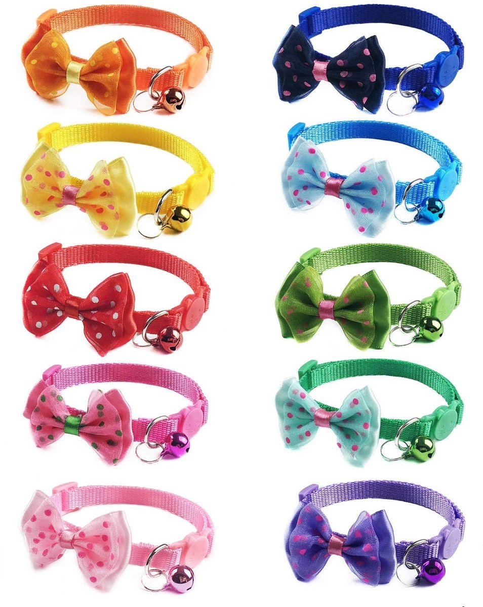 Dailygoods- Kattenhalsband 10x Kleuren - Snelsluiting/Veiligheidsslot - Verstelbaar 22-33 cm - Met Strik/Bel - Anti-vastzittend - Geschikt voor Katten/Puppy's - Halsband