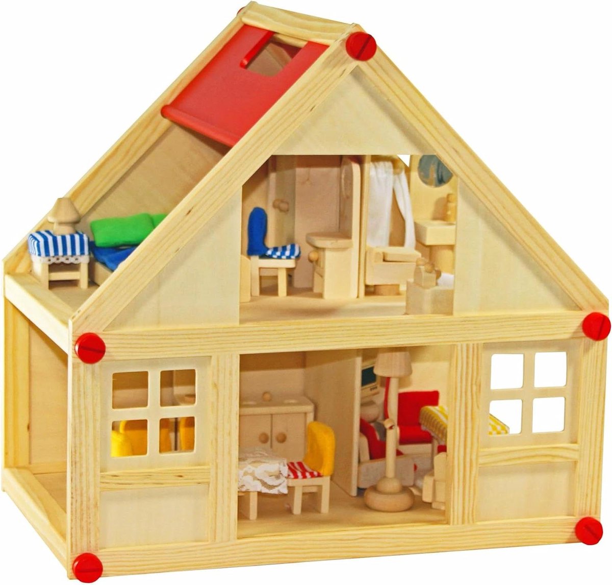 Houten Poppenhuis - Speelgoedhuis Stadshuis - Kinderen Spelen - Inclusief Meubelset - 40x25x38 cm - Natuur