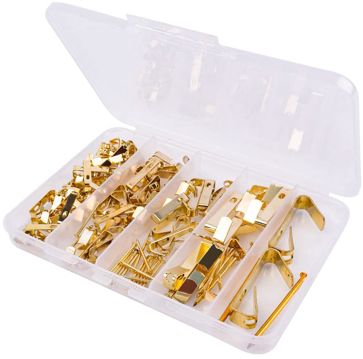 carmdering - Wandhaakjes Set - Muurhaken Assortiment - Ophangset - 5 Draagcapaciteiten - Roestvrij Staal - Goudkleurig Design - Veelzijdig Gebruik - Praktische Opbergdoos - 120 Delen