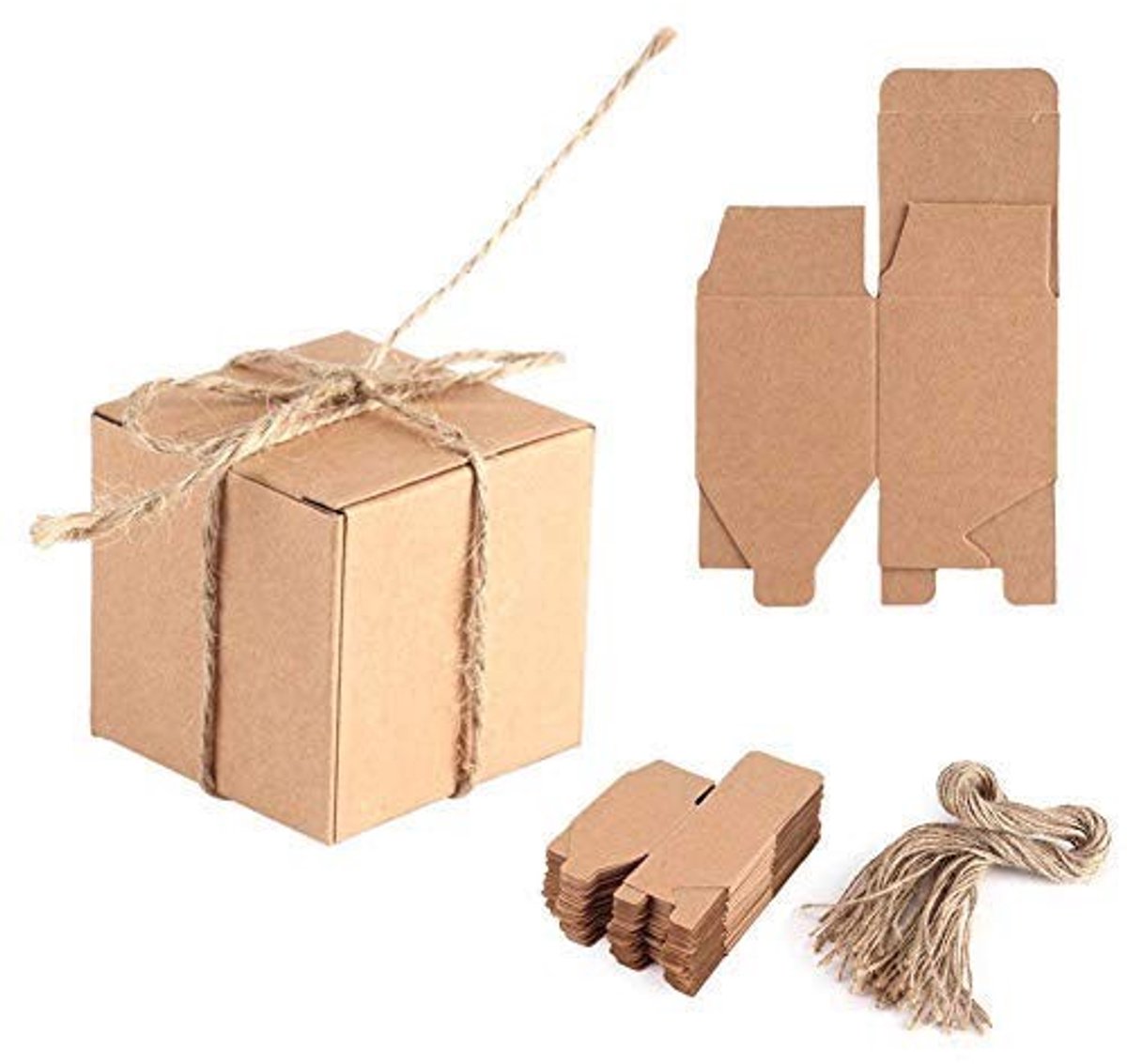 Dailygoods- Inpakpapier 50 Stuks - Kraftpapier Dozen - Bruin Henneptouw - Vintage Stijl - Gastgeschenken - Afmetingen 5x5x5 cm - Snoepdoosjes