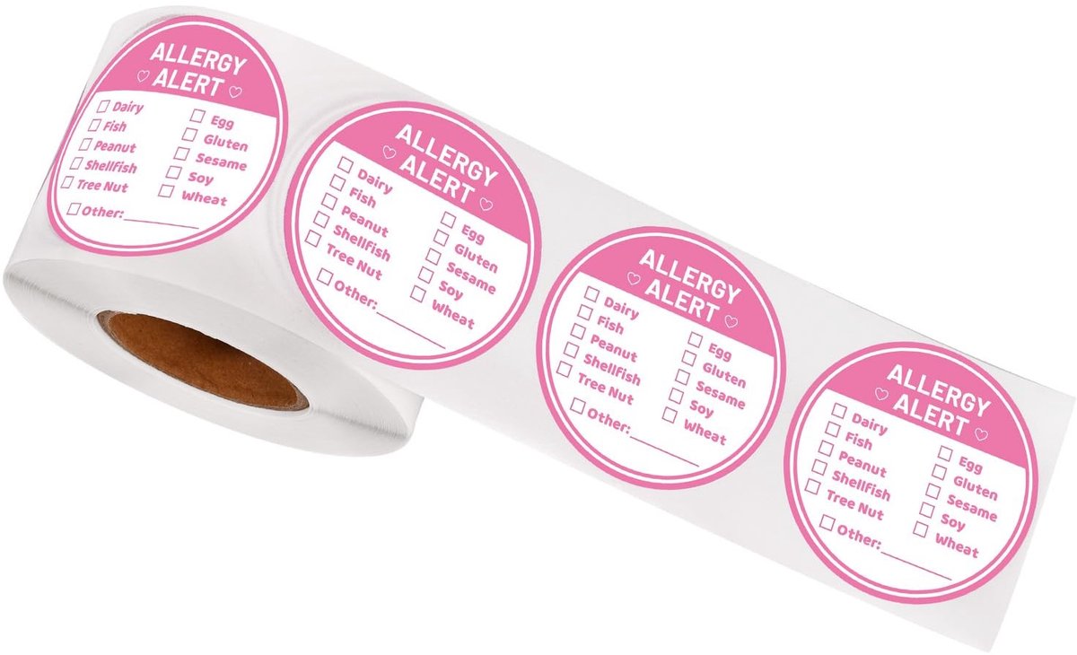 Dailygoods- Allergiewaarschuwingsstickers 500st - Ronde Voedselallergie-Stickers - Schrijfpapier - Keuken/School/Restaurant - Wit/Roze - 10 Meest Voorkomende Allergenen - Voedselveiligheidsstickers