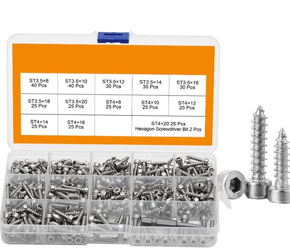 Dailygoods- Zelftappende Schroeven Kit 372 Stuks - 304 Roestvrij Staal - Anticorrosie - Hex Socket - Duurzaam - Voor Doe-Het-Zelf Werk