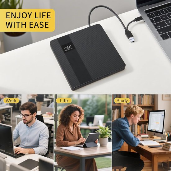 Externe CD/DVD Drive - Dvd Brander Lezer - Bestanden Backuppen - Plug & Play - Slim Draagbaar - Zwart — afbeelding 2