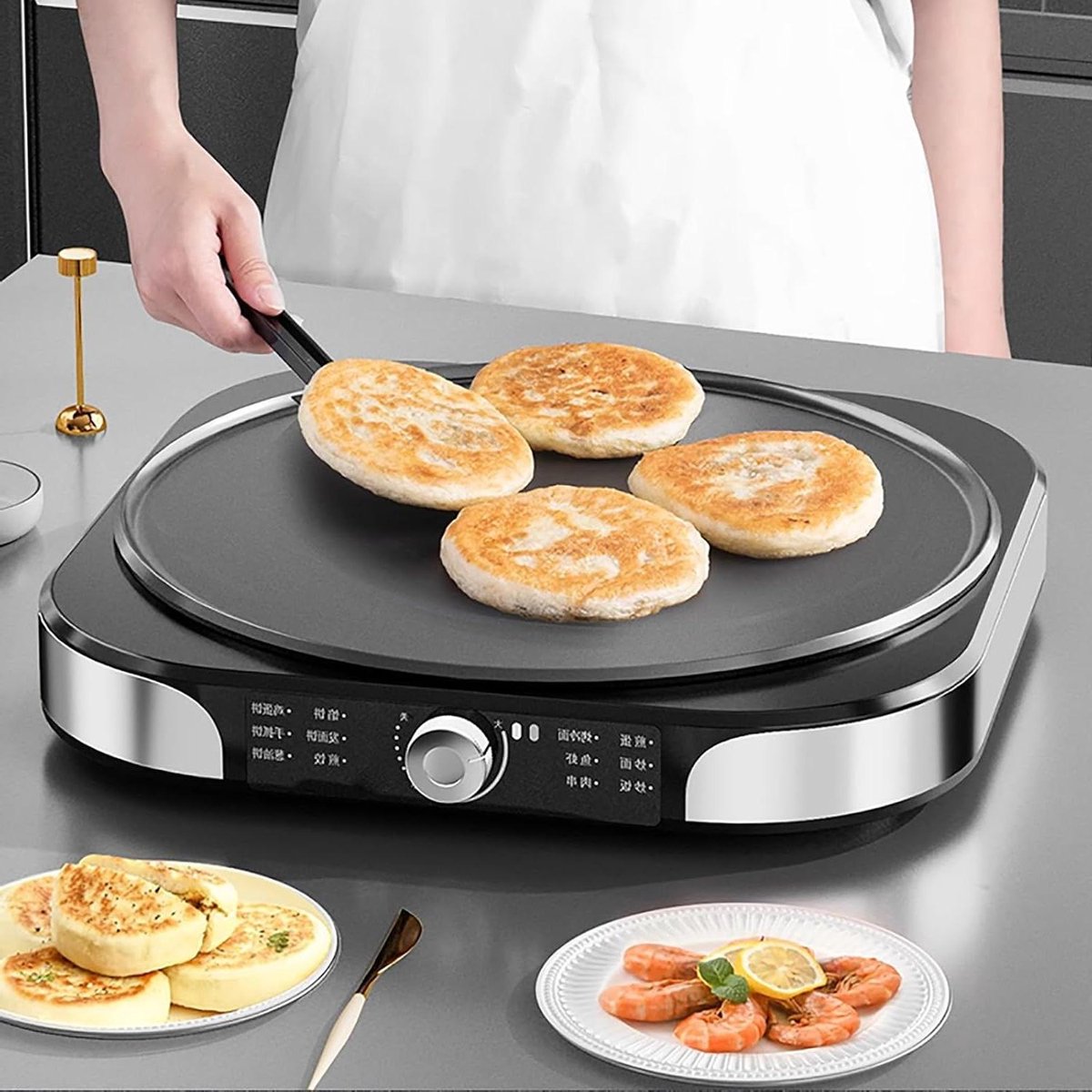 Elektrische Pannenkoekenpan Crêpe Maker Roti Maker Snelle Maaltijden Bereiden Antiaanbaklaag 40 cm Zilver