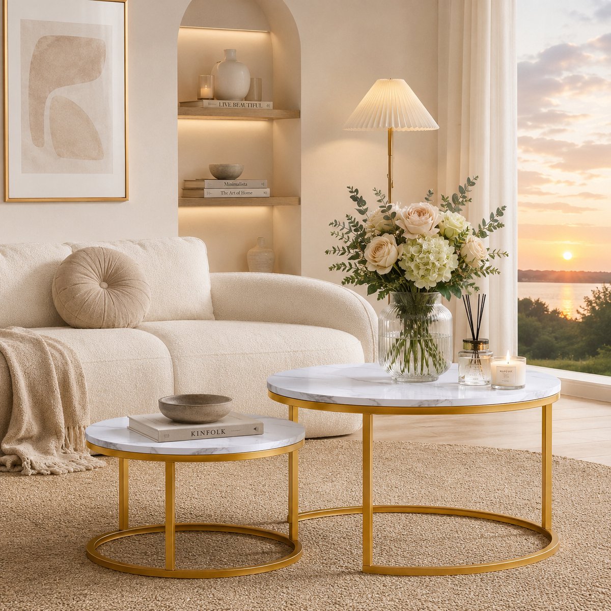 Salontafel set van 2 - ø 80/60 cm - Hoogte 45/33 cm - Bijzettafel Rond - Salon tafel Industrieel - Metalen frame Goud - Tafelblad - Wit Marmer