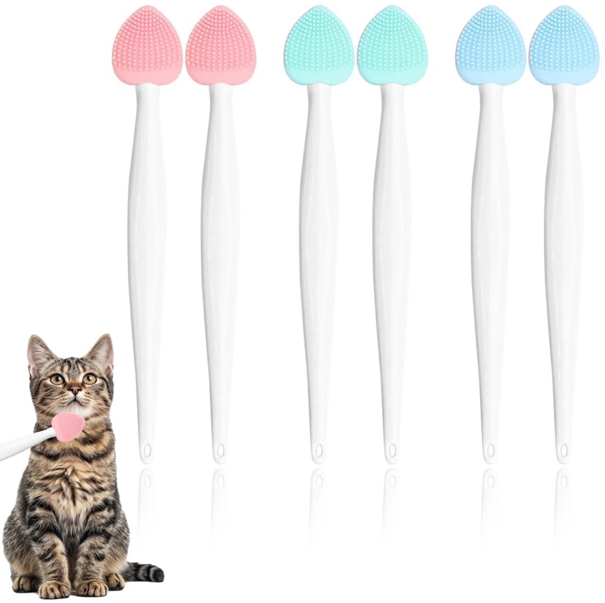 Dailygoods- Kattenkinborstel 6 Stuks - Siliconen Kinreiniger - Dubbelzijdig Ontwerp - Verwijdert Mee-eters - Exfolieert en Masseert - Gemakkelijk Schoon te Maken - Huisdierverzorging