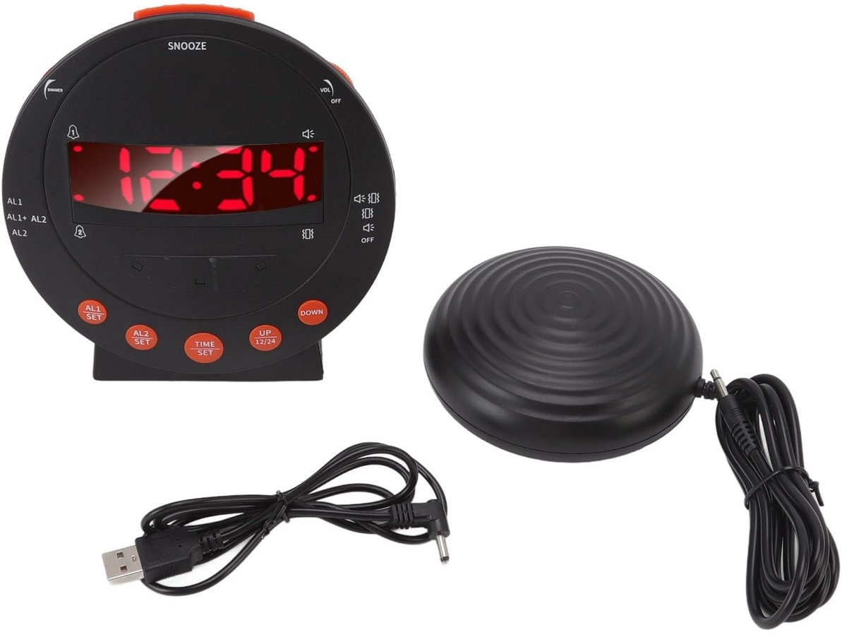 Dailygoods- Wekker met Super Vibrator - Digitale Wekker - Extra Luid 113 Decibel - Rood Knipperlicht - Duurzaam ABS-Materiaal - Bedtrilapparaat - Trilwekker