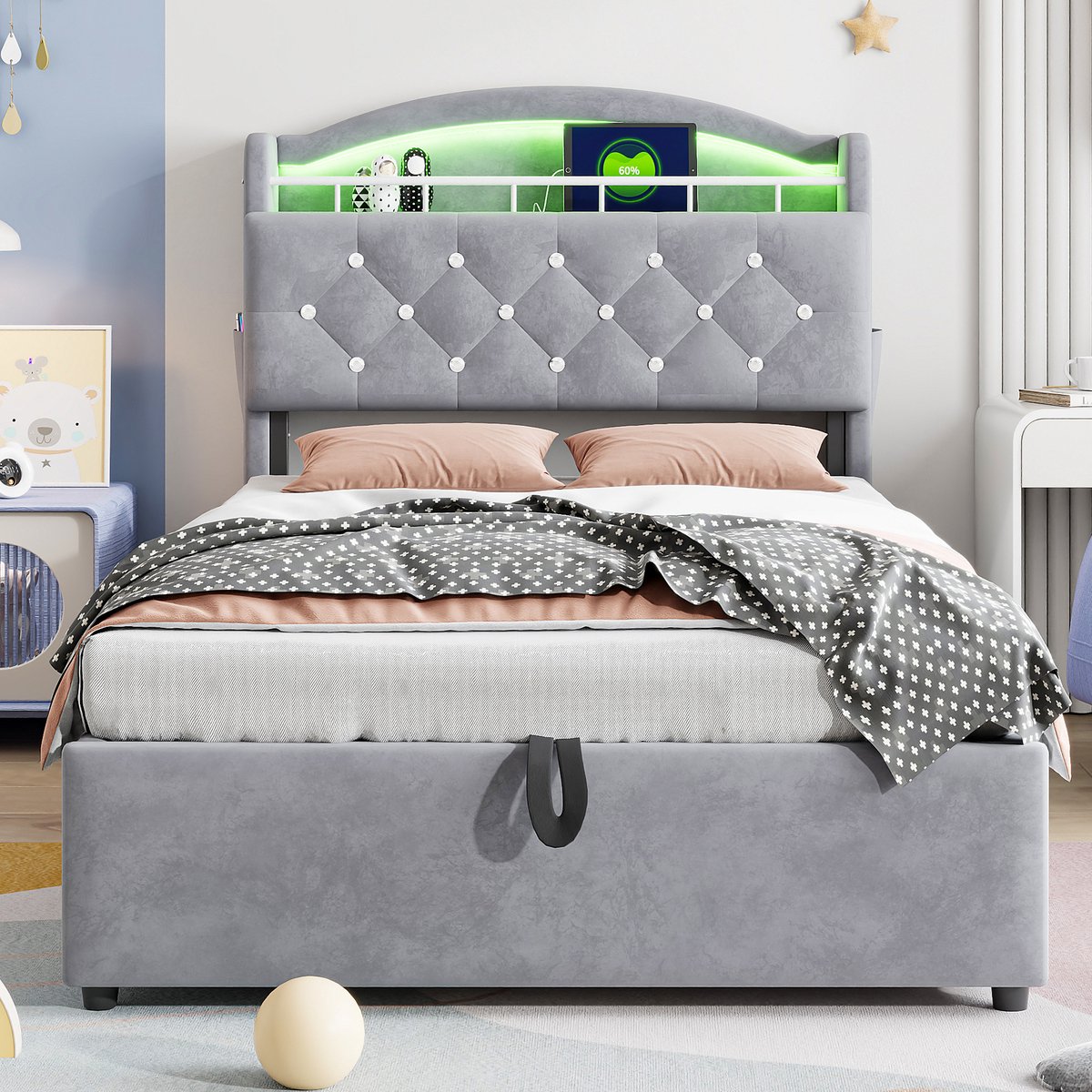 VVBV Bed met opbergruimte 90x200 / Eenpersoonsbed 90x200 – met LED-Verlichting, USB, USB-C – Fluweel – Grijs – Gestoffeerd Eenpersoonsbed Gray