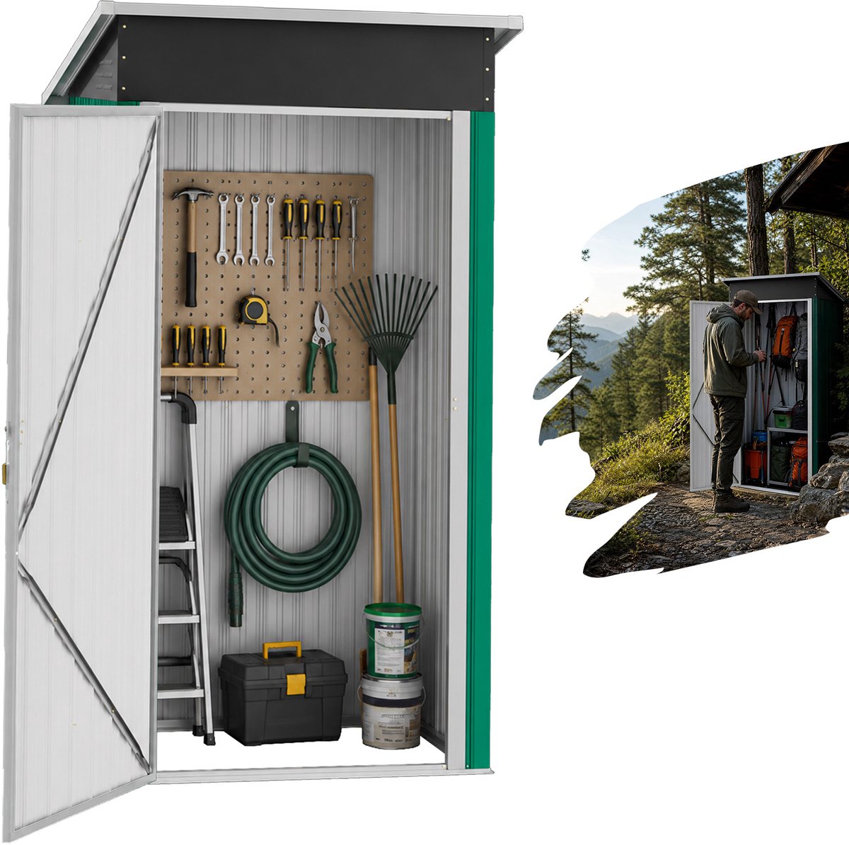 Froadp 3 x 3FT Groen metalen opbergschuurtje voor buiten — Met schuifdeuren en vergrendeling — Inclusief montagemateriaal — Ideaal voor het opbergen van tuingereedschap, fietsen en zwembadbenodigdheden