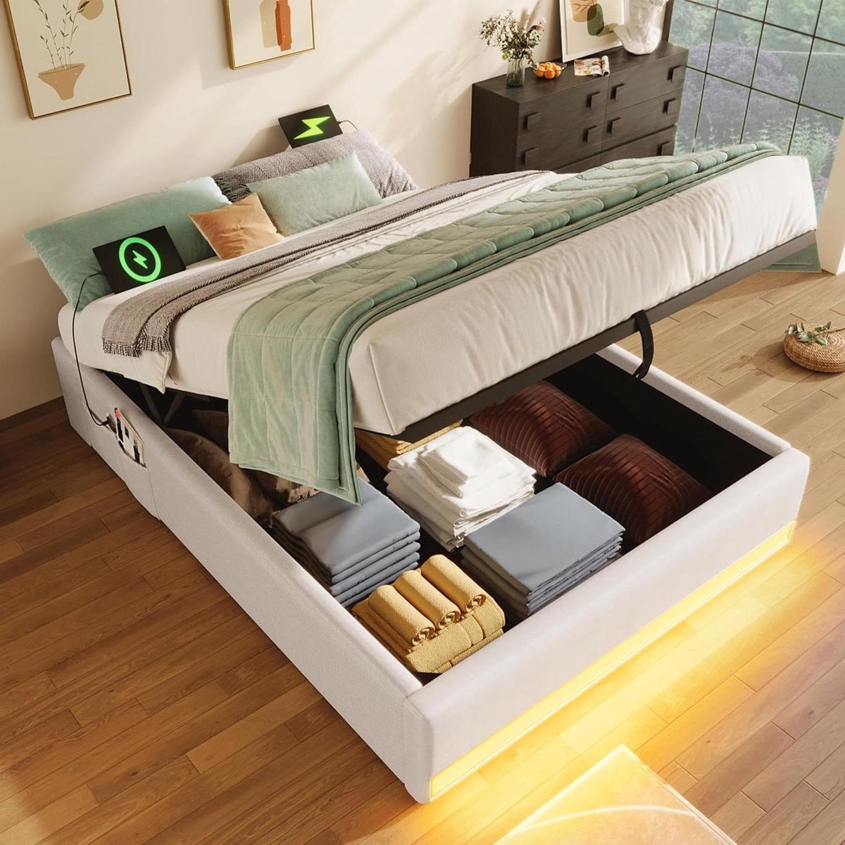 Gestoffeerd bed - Linnen bed - Slaapkamer opfrissen - Met LED strip - 90 x 200 cm - Beige