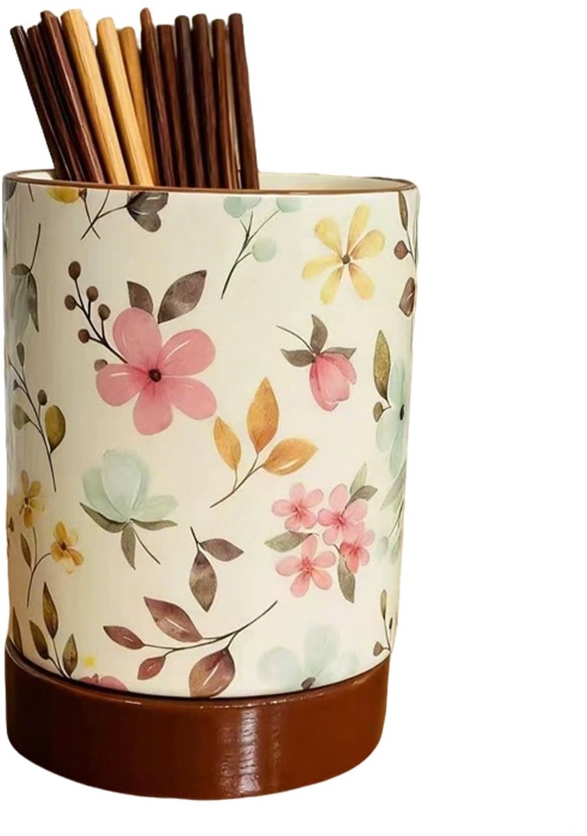 Dailygoods- Keukengereihouder - Keramisch - Antiaanbaklaag - Houten Sokkel - Elegant Bloemenpatroon - 10,5 x 15 cm - Keukenhouder