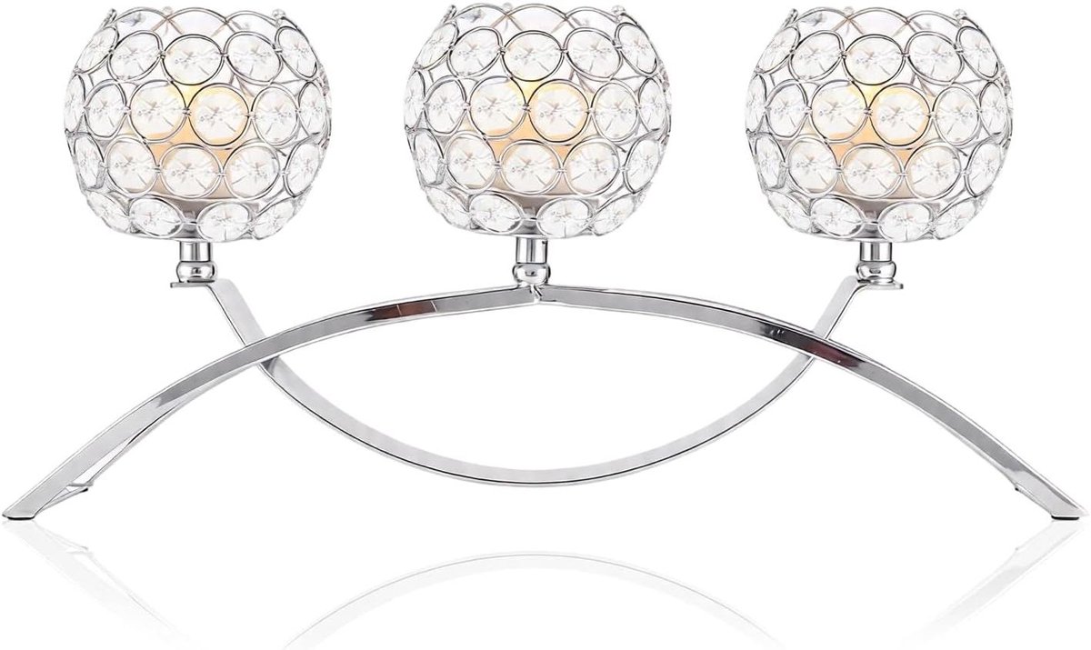 Kristallen Kandelaars - Boog IJzeren - Tafeldecoraties Bruiloft - 3 Armen Design - 40 x 19 cm - Zilver