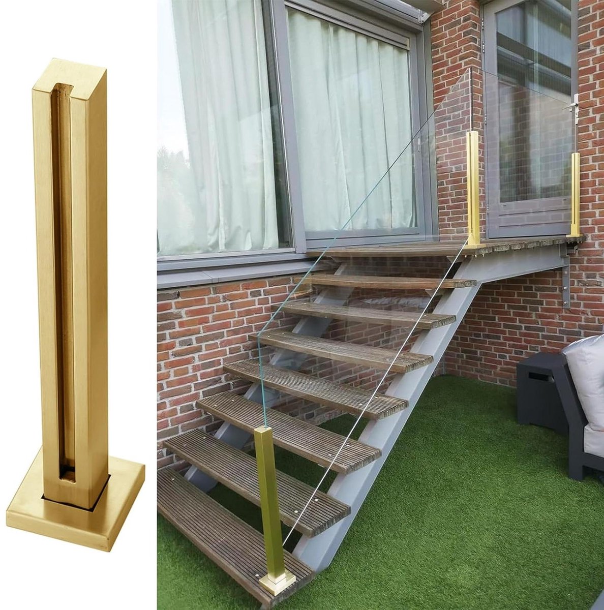 Glazen Balustrade Post - Hek Steunpaal - Buiten Veiligheid - Roestvrij Staal - H-1 - Goud