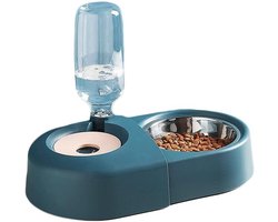 JIAYE 2-in-één diervoederset met automatische drinkfontein en roestvrijstalen kom, geschikt voor honden en katten, kleine en middelgrote honden (blauw)