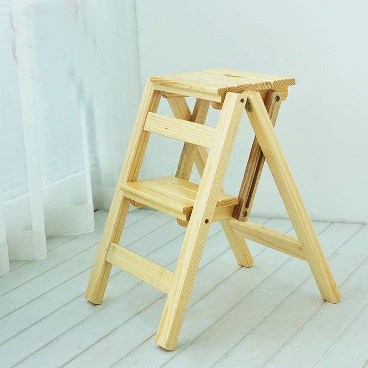 Vouwkruk Ladder - Opstapje Kruk - Huishoudelijk Gebruik - Massief Hout Constructie - 50 cm Hoog - Geel