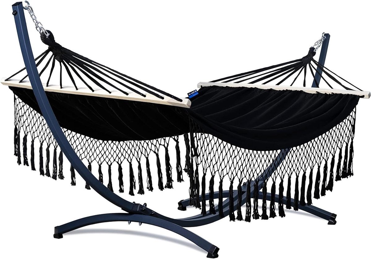 Hangmat met frame - Lounge hangmat - Ontspannen in tuin - Verstevigd koord - 220 x 160 cm - Zwart