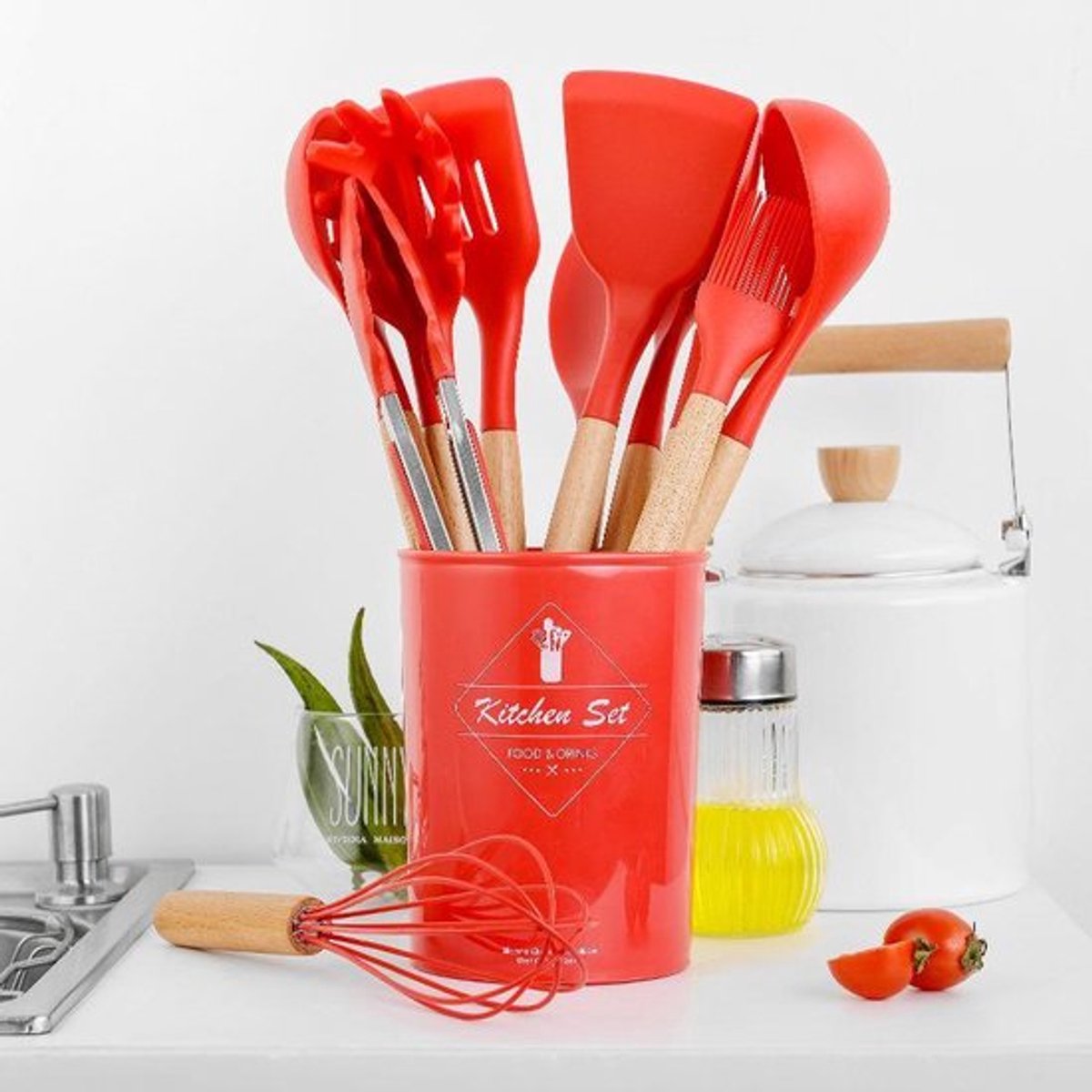 1 set 11-delige siliconen keukengereiset rood houten steel
