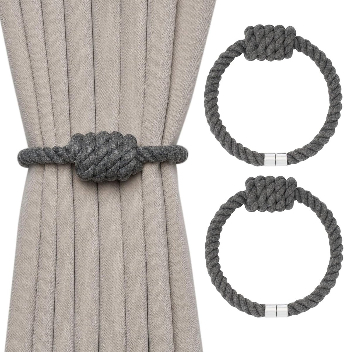 Set van 2 magnetische gordijnbinders van natuurlijk katoen, bohemian stijl, elegante handgeweven decoratieve gordijnbinders met knoop, geschikt voor gordijnen in huis en op kantoor (donkergrijs)