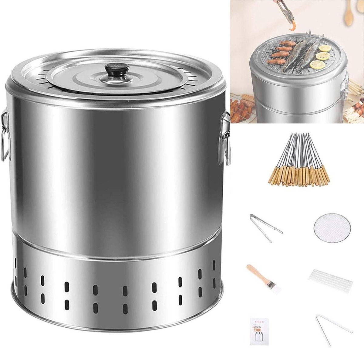 Houtskool Barrel Grill - Compacte BBQ - Buiten Koken - Rookloze Ervaring - 34x38cm - Zwart