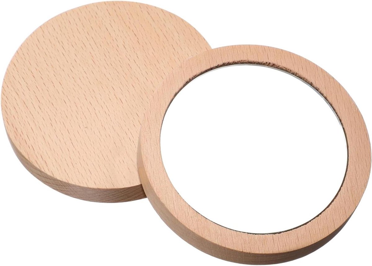 Mini Spiegel - Zakspiegel Compact - Make-up Bijwerken - Houten Design - 7 cm Diameter - Khaki