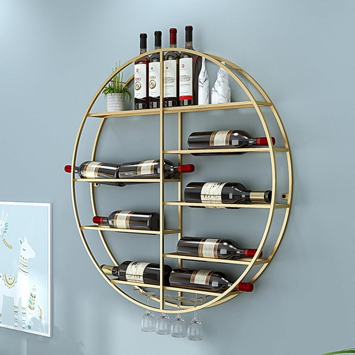 Wijnrek met glazenhouder - Wandrek bar - Wijn opslag - Geïntegreerd ontwerp - 70x10x70cm - Goud