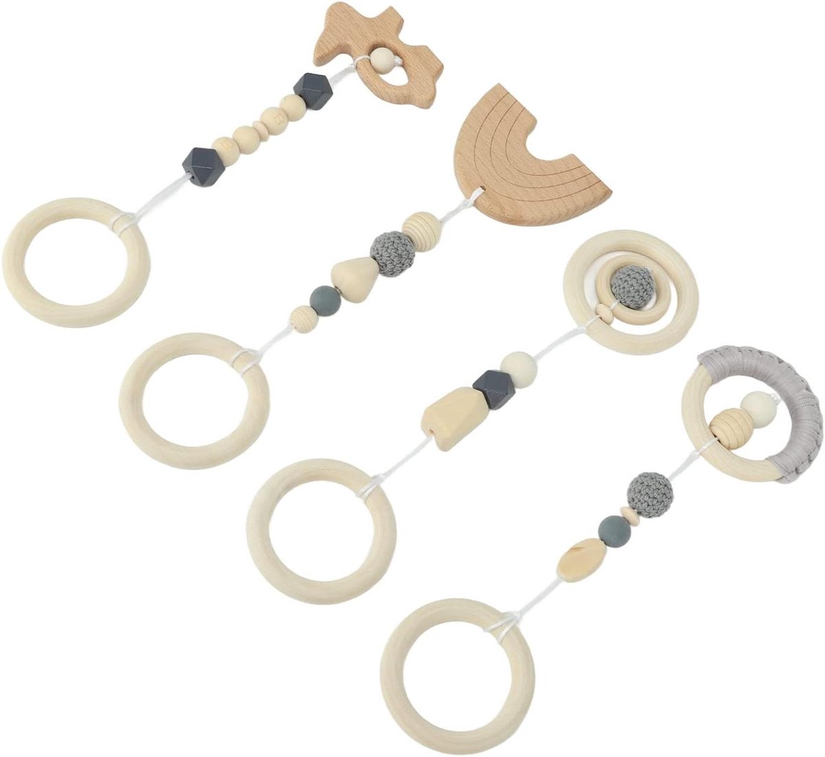 Hangend Kinderwagenspeelgoed - Baby Gym Hangers - Stimuleert Ontwikkeling - Veilig Organisch Materiaal - 4 Stuks - Grijs