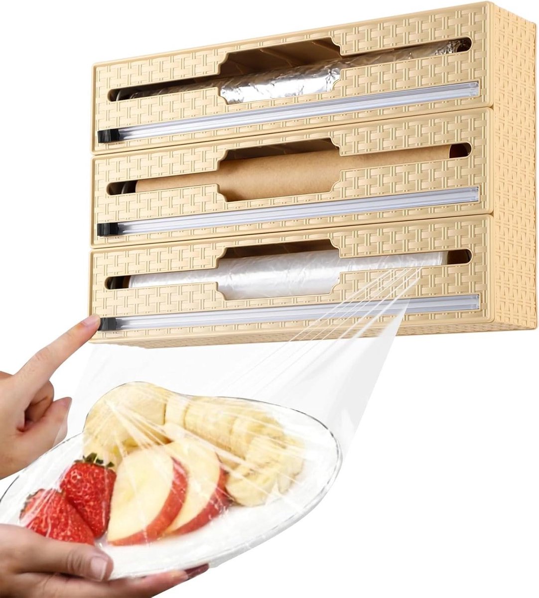 Wikkel Organizer - Folie Dispenser - Keuken Opslag - 3 Rollen Houder - 35 cm - Beige
