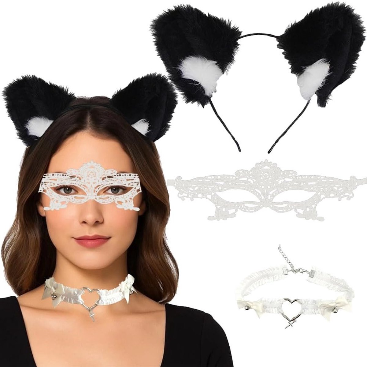 Elegante Lace Masquerade Kostuum Sieraden Set voor Halloween met Cat Ears Haarband, Wit Masker en Gothic Choker Necklace voor Vrouwen