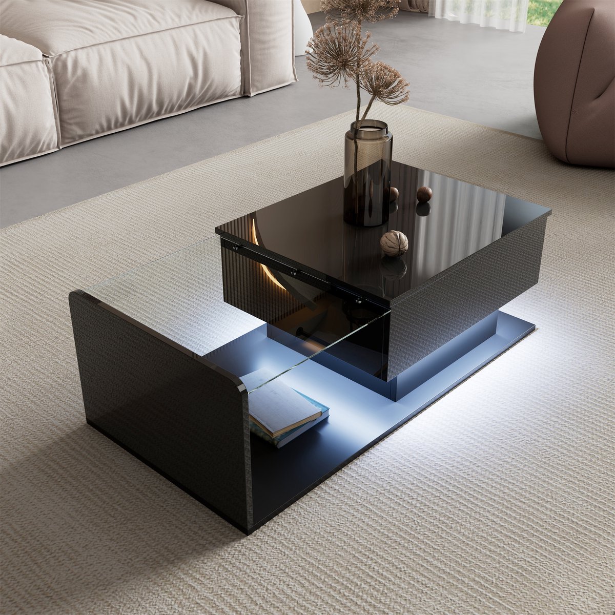 Salontafel — Hoogglans zwart — In hoogte verstelbaar, met ledverlichting en gehard glas — 100 x 50 x 33/47,5 cm