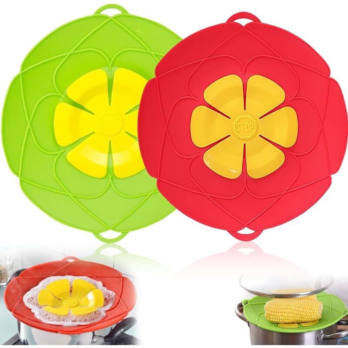 Tweedelige siliconen morsbeschermerset - 25 cm en 28 cm - spatbeschermers - multifunctioneel keukenhulpmiddel (groen, rood)