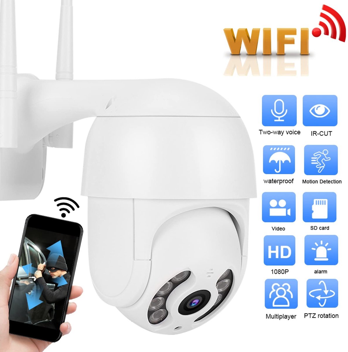 Cosensi - Dailygoody - Waterproof PTZ Dome Camera - 1080P WiFi - Nachtzicht - Bewakingscamera - Beveiliging - Binnen en Buiten - Zwart