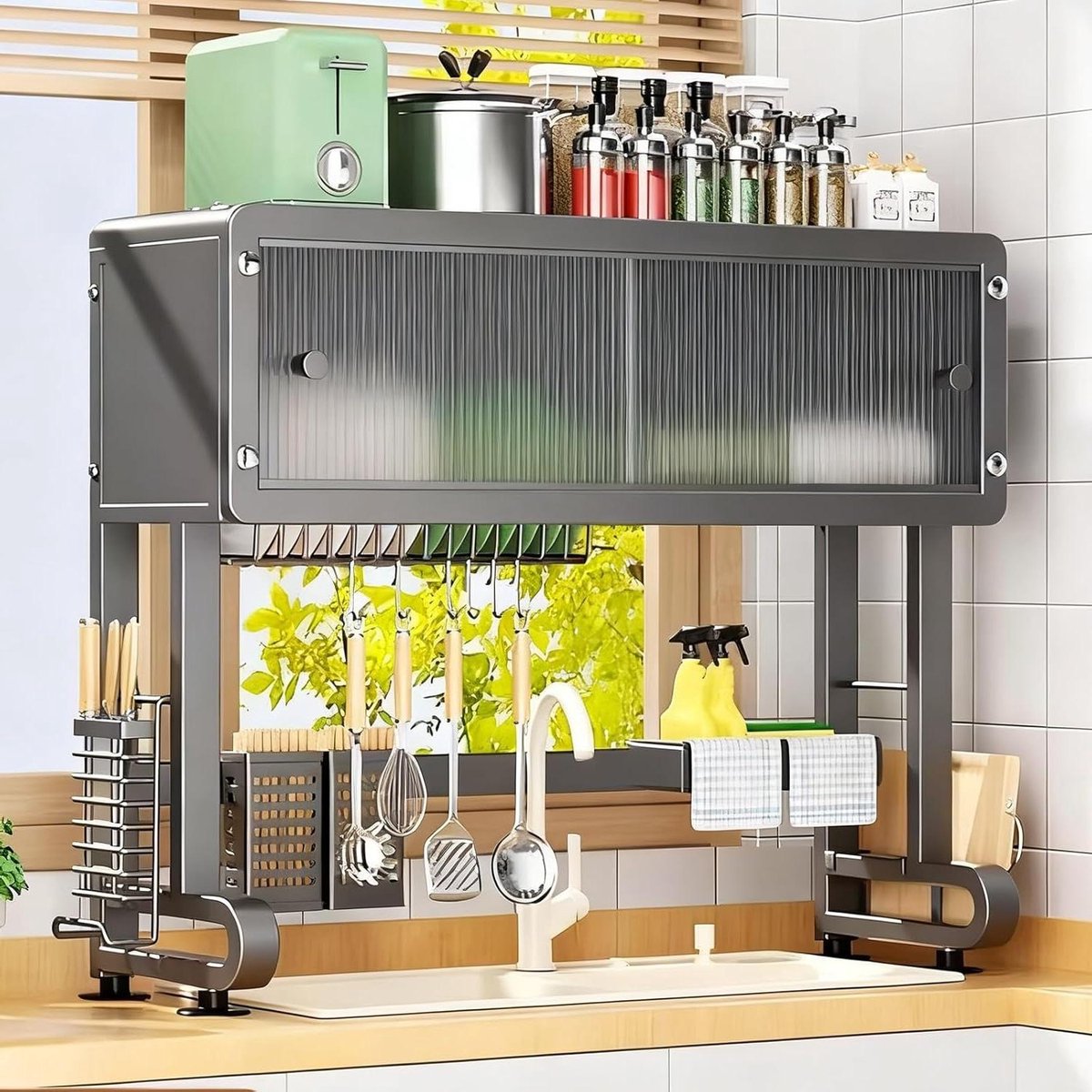 Afdruiprek Gootsteen - Keuken Organizer - Vaat Drogen - Dubbellaags Ontwerp - 66 cm - Grijs
