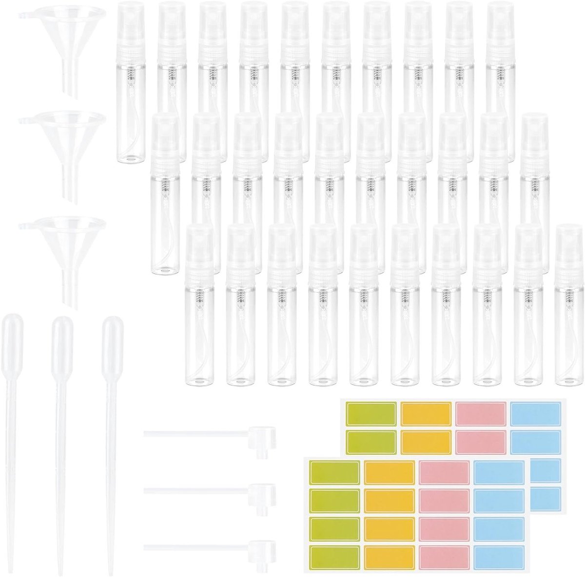 Pack van 30 navulbare parfumatomisers van 5 ml - Kleine sprayflessen voor reizen, inclusief trechter, pipetten en etiketten
