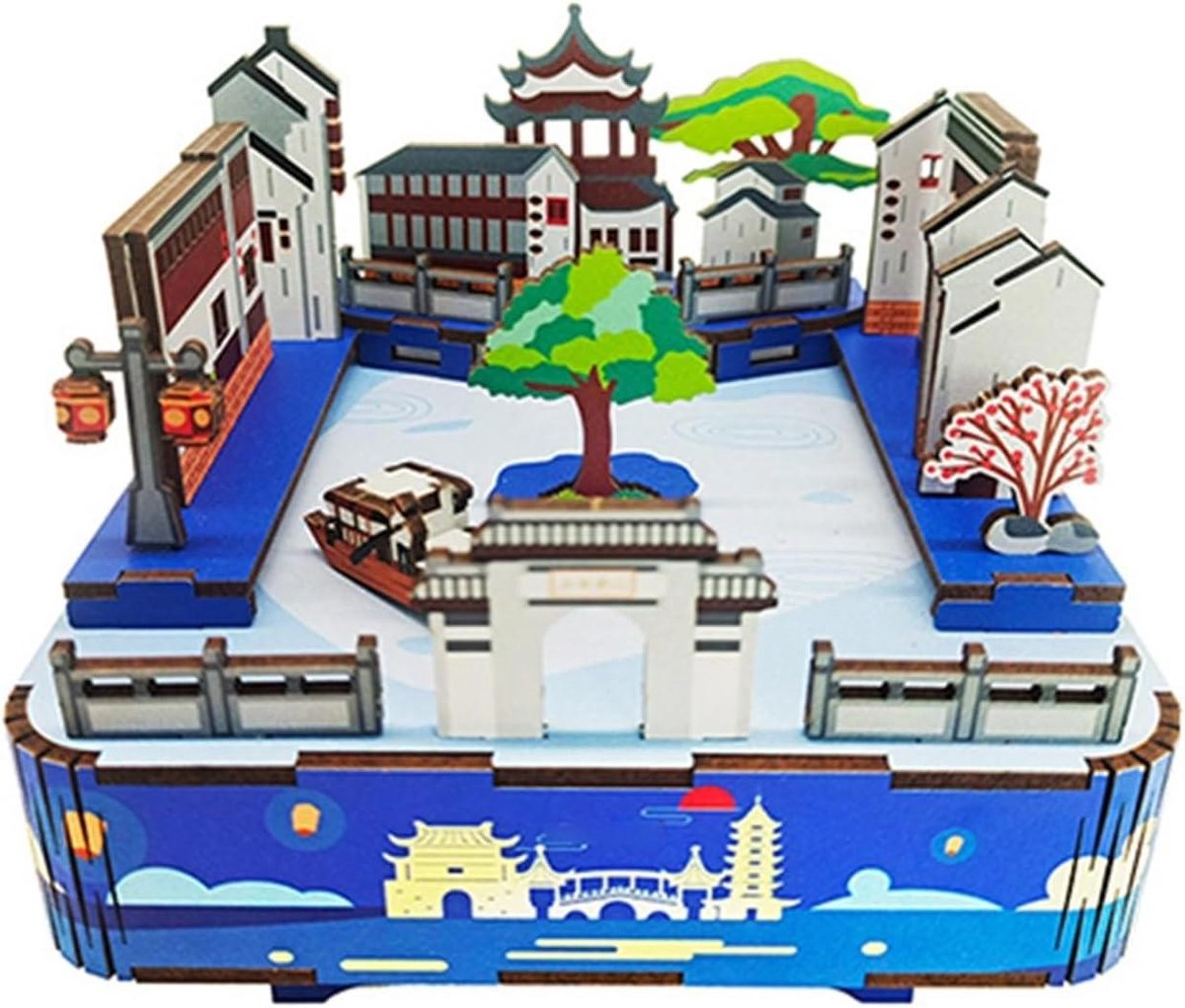Muziekdoos Puzzel - 3D Model - Huis Decoratie - Hand Assemble - 14cm Breed - Houtkleur