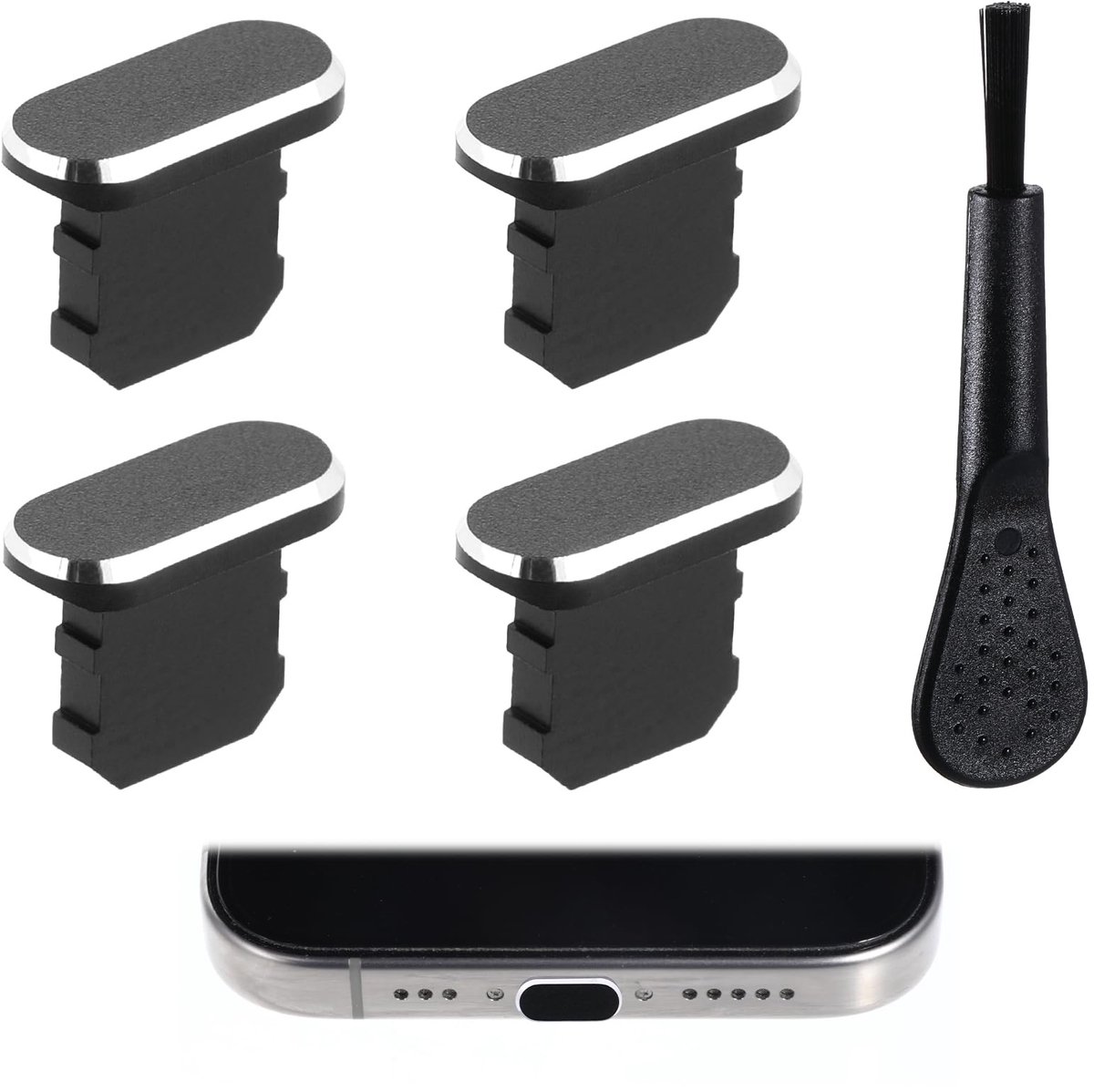 Dailygoods - Set van 4 Stofstekkers met Reinigingsborstel voor Mobiele Telefoons