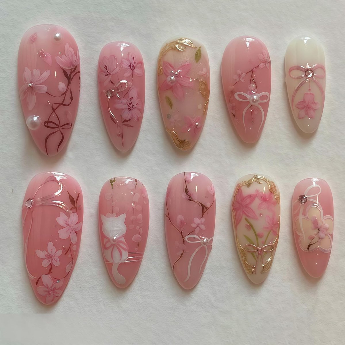 Dailygoods - 24 Stuks Roze Bloem Design Kunstnagels met 3D Strass en Kattenmotief