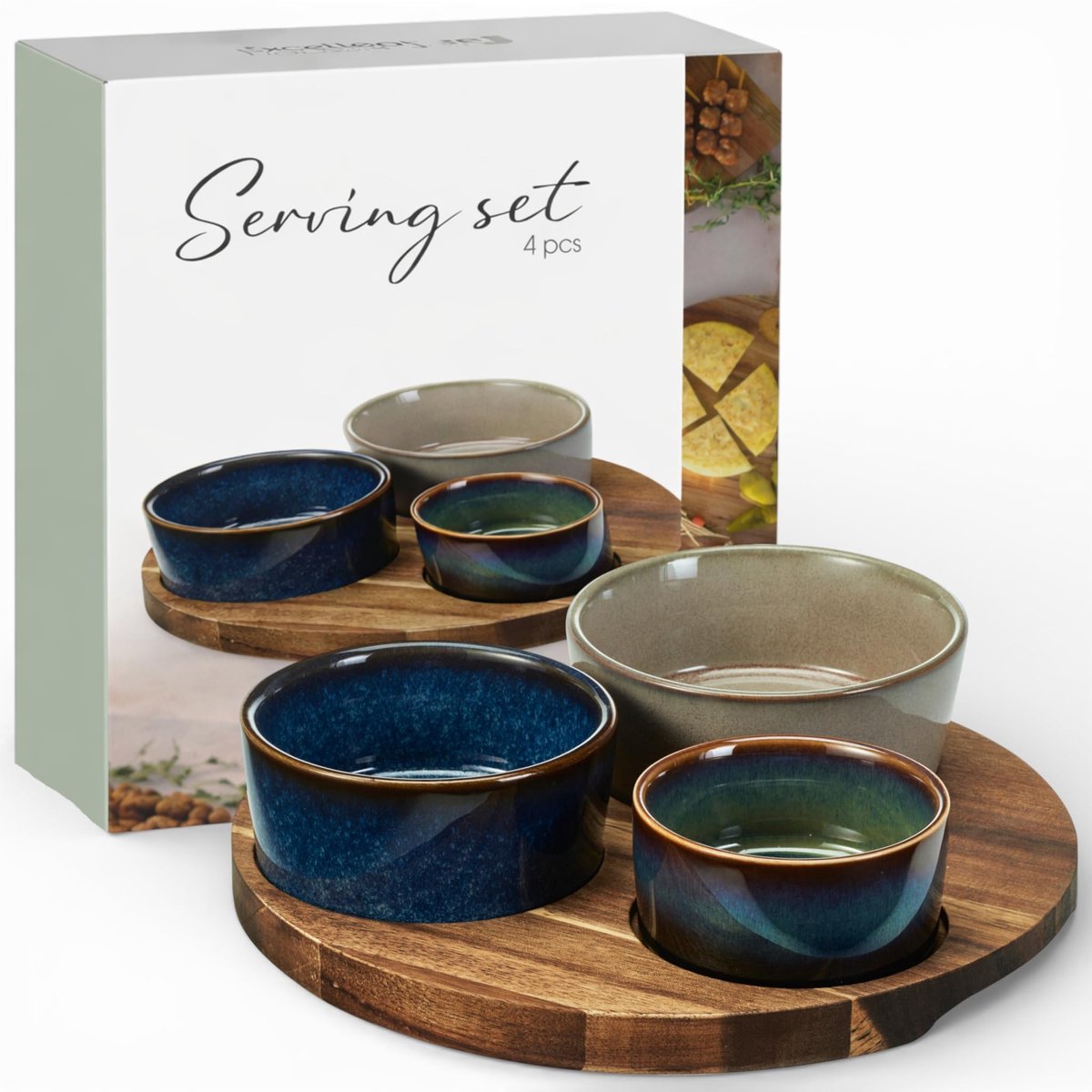 Dailygoods - 4-delig Serveerset met Stengoed Kommen en Acaciahouten Dienblad