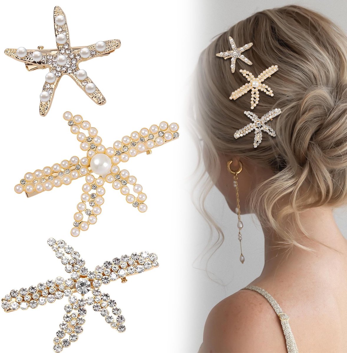 Dailygoods - Innovra - 3-delige Zeester Haarspeldjes met Parel en Strass Accenten