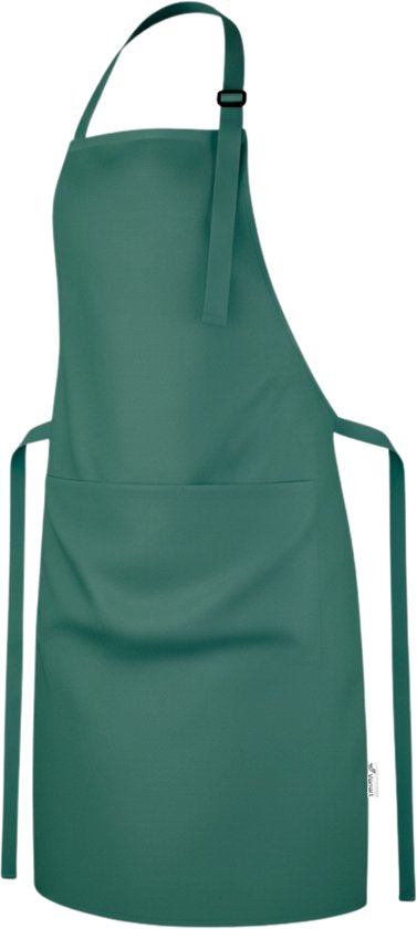 Tablier de cuisine vert foncé avec boucle réglable, longs liens et une poche.