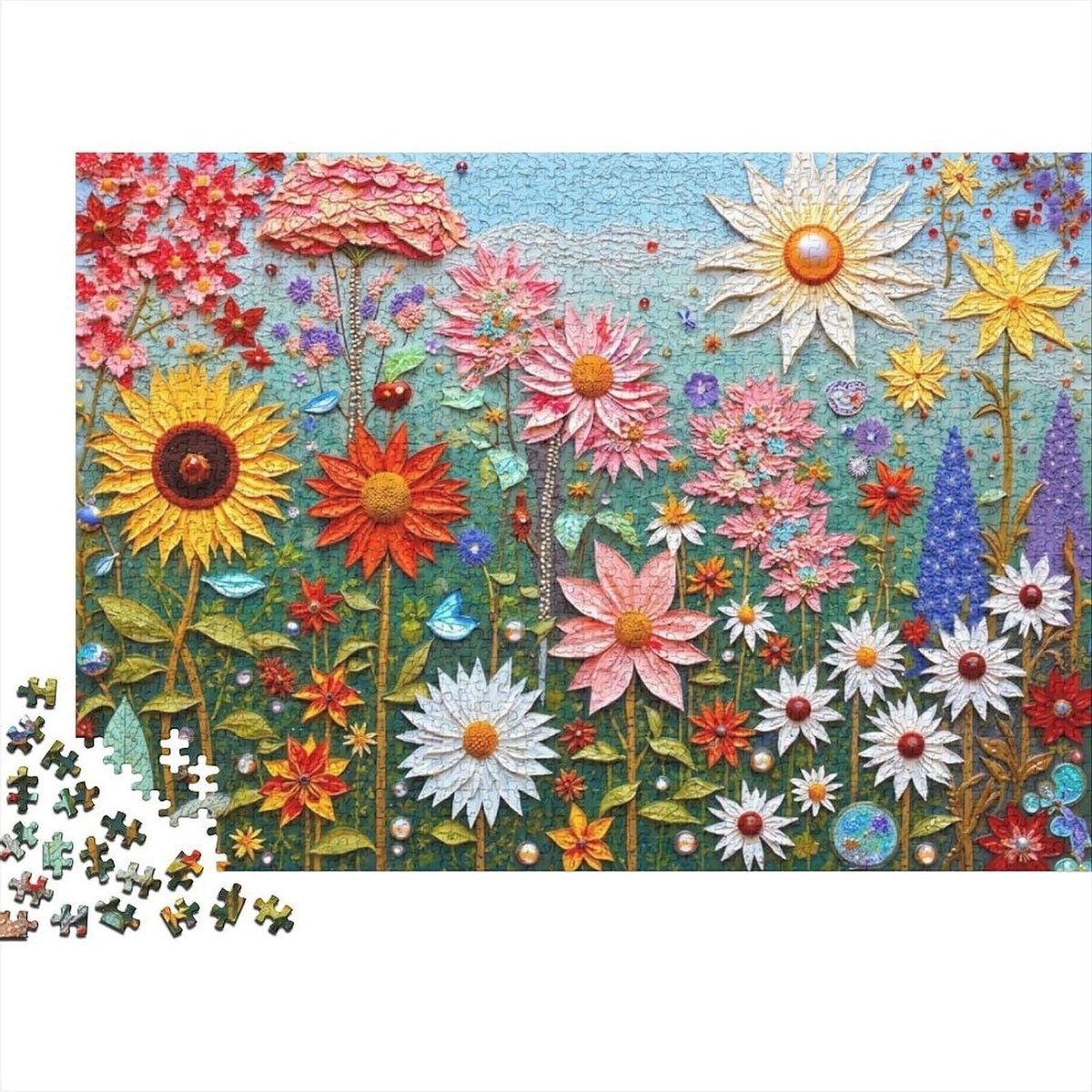 Bloemenveld Puzzel - Kleurrijke Puzzel - Ontspanning Thuis - 1000 Stukjes - 38 x 26 cm - Kleurrijk