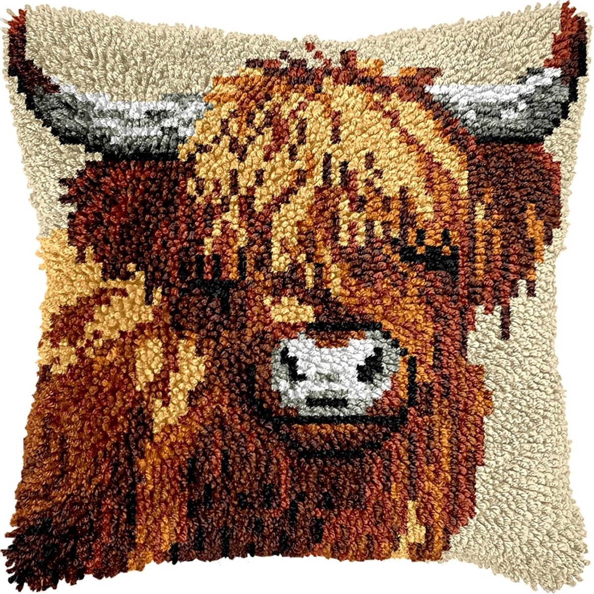 DIY Kit voor Kussenhoezen met Locking Haakjes, Highland Cow Borduurset voor Beginners, 43x43cm, Creatief Kerstcadeau