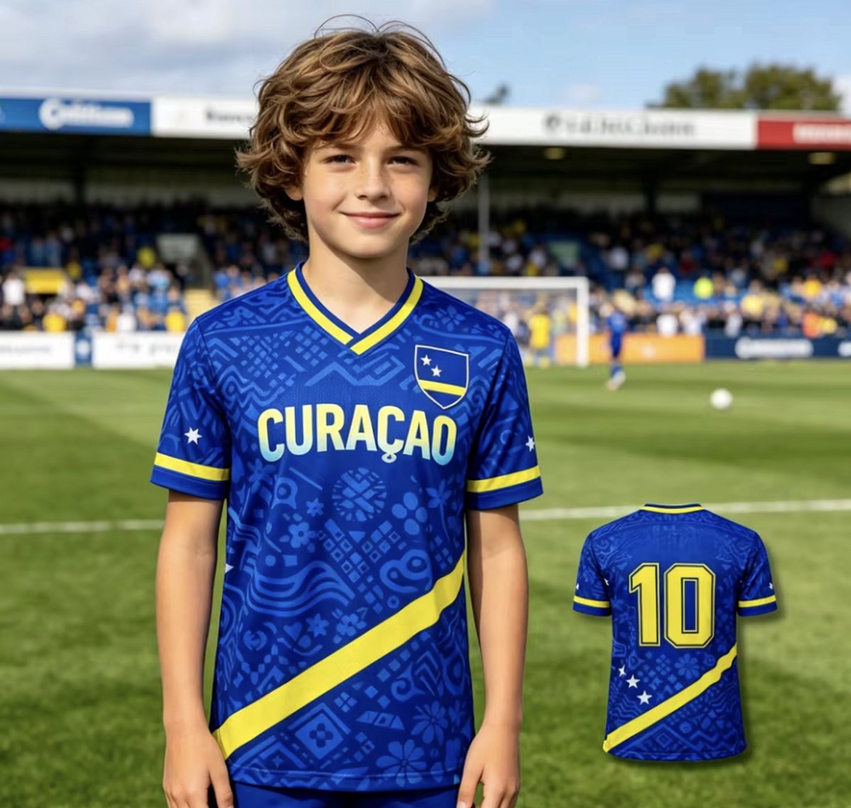 Curacao Voetbalshirt Kinderen - Maat: 128/134 - Tshirt / Voetbalshirt - Curacao / Korsou - Nederlandse Antillen - Hoge Kwaliteit - Blauw & Geel - WK2026 / Voetbal - Curacao Elftal / Blue Wave - Merchandise - Shirt met Curacaose Vlag
