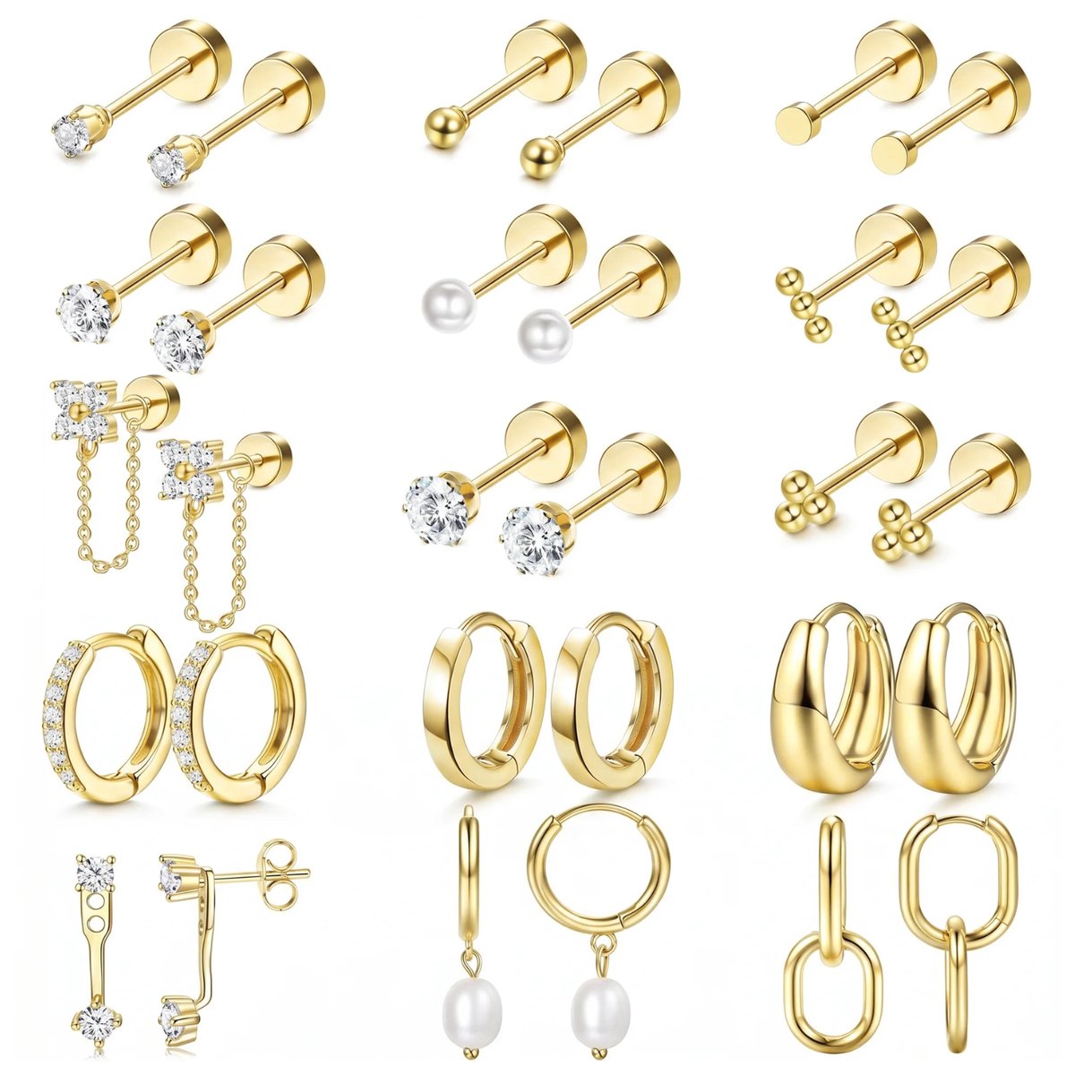 Studio Aurélie - Oorbellen - 15-delige set - 18K Goud RVS
