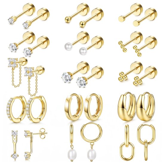Studio Aurélie - Oorbellen - 15-delige set - 18K Goud RVS